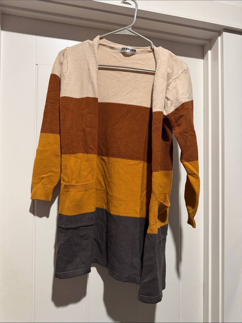 Colorblock Open-Front Cardigan Sweater - Cream, Brown, Mustard, Gray
